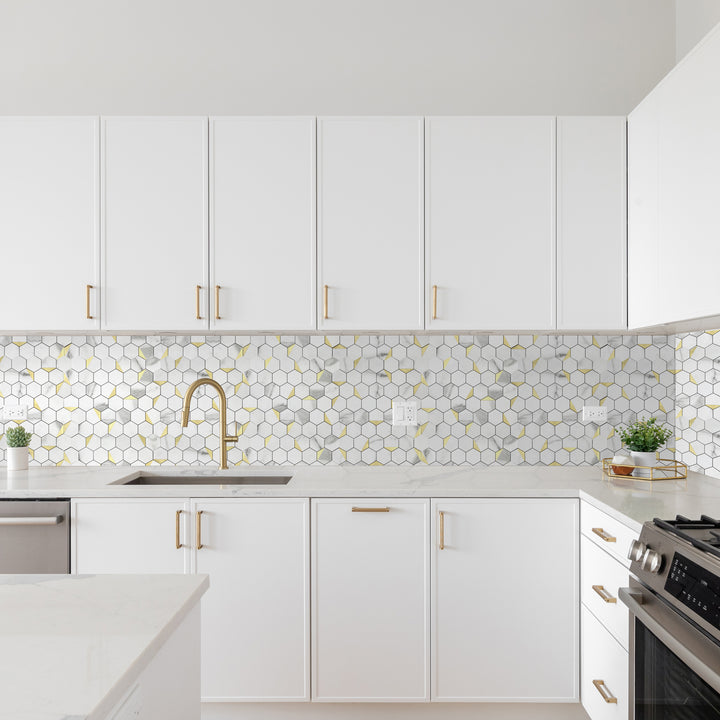 12.2" x 11.6" Hexagon Peel and Stick Backsplash Tile Fishbelly White Metal Gold