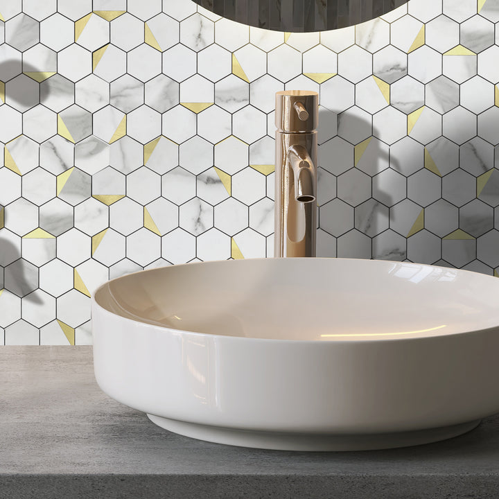 12.2" x 11.6" Hexagon Peel and Stick Backsplash Tile Fishbelly White Metal Gold