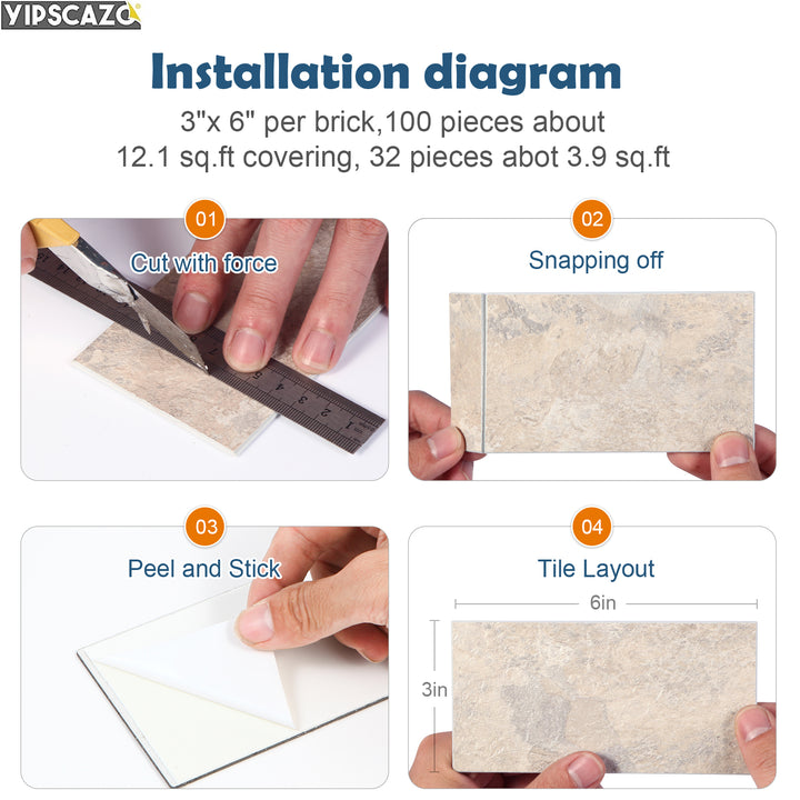 3" x 6" Beige Stone Texture  Peel and Stick Backsplash  Brick Subway Tile