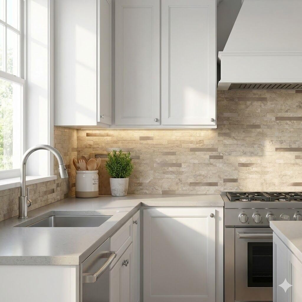 12" X 12" Ecru Peel and Stick Stone Backsplash Premium Linear Blend Tile