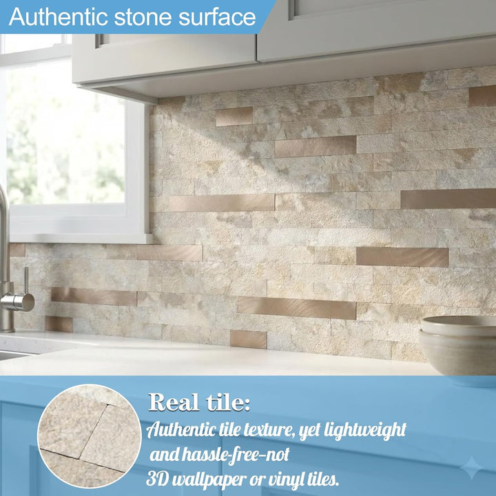 12" X 12" Ecru Peel and Stick Stone Backsplash Premium Linear Blend Tile