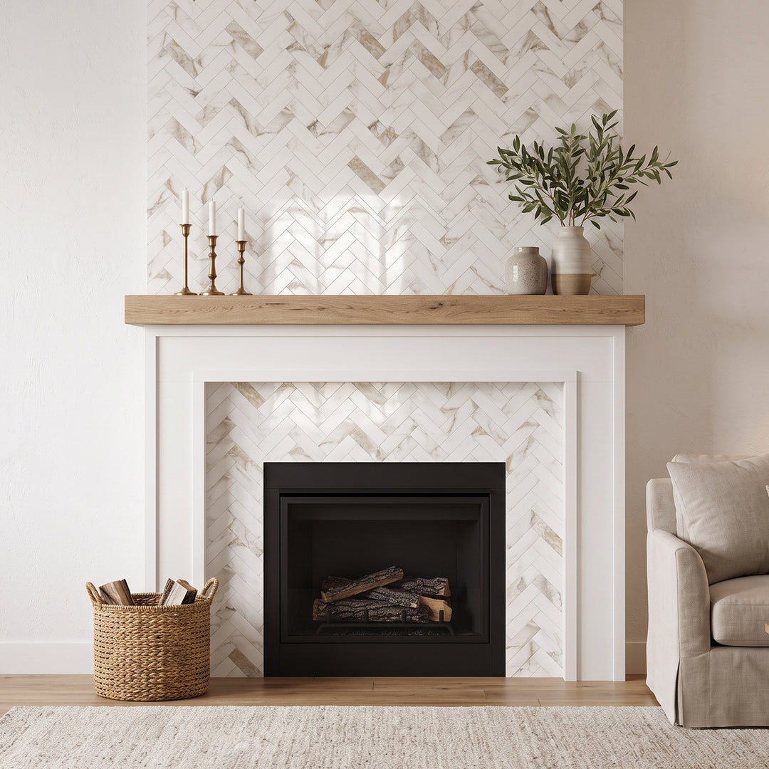 peel and stick herringbone tile for fireplace