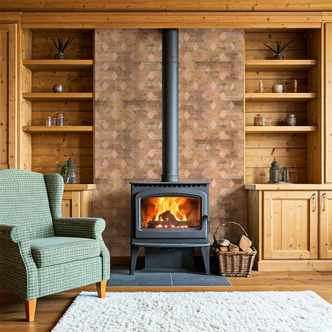 copper tile stick on fireplace